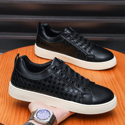 Men Low Top Leather Casual Shoes Lace-up Fashion Sneakers Black Embossed Plaid Upper Non Slip Flat Daily Wear Board Footwear