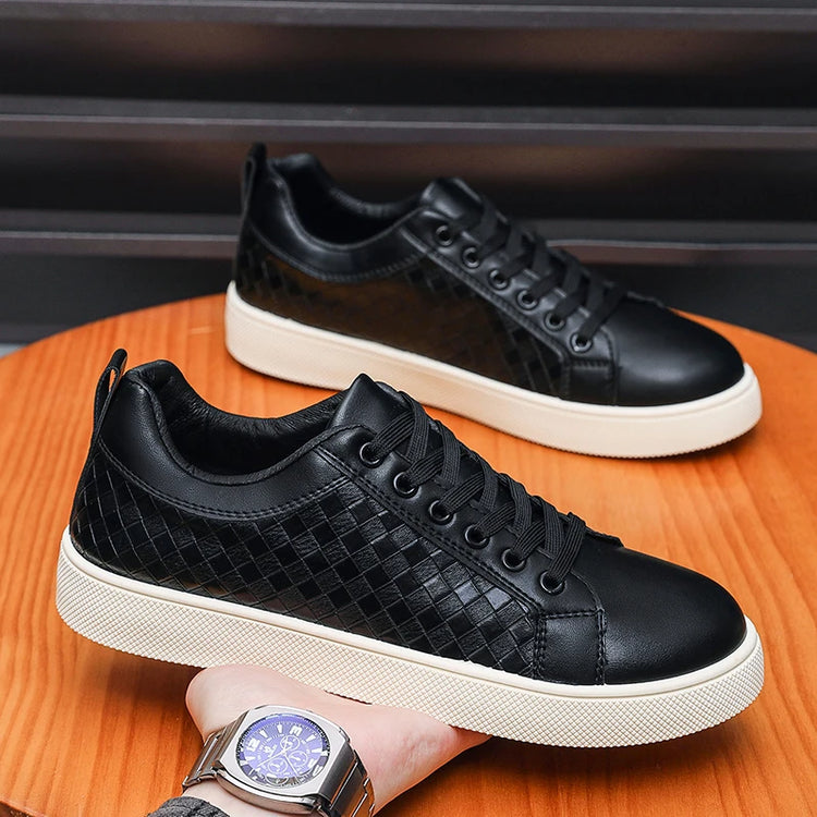 Men Low Top Leather Casual Shoes Lace-up Fashion Sneakers Black Embossed Plaid Upper Non Slip Flat Daily Wear Board Footwear