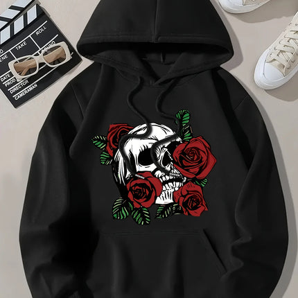 2025 Women'S Casual Skull and Roses Print Hooded Sweatshirt Warm Pullovers Casual Loose Sweatshirts Fashion Autumn Winter Hoodie