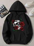 2025 Women'S Casual Skull and Roses Print Hooded Sweatshirt Warm Pullovers Casual Loose Sweatshirts Fashion Autumn Winter Hoodie