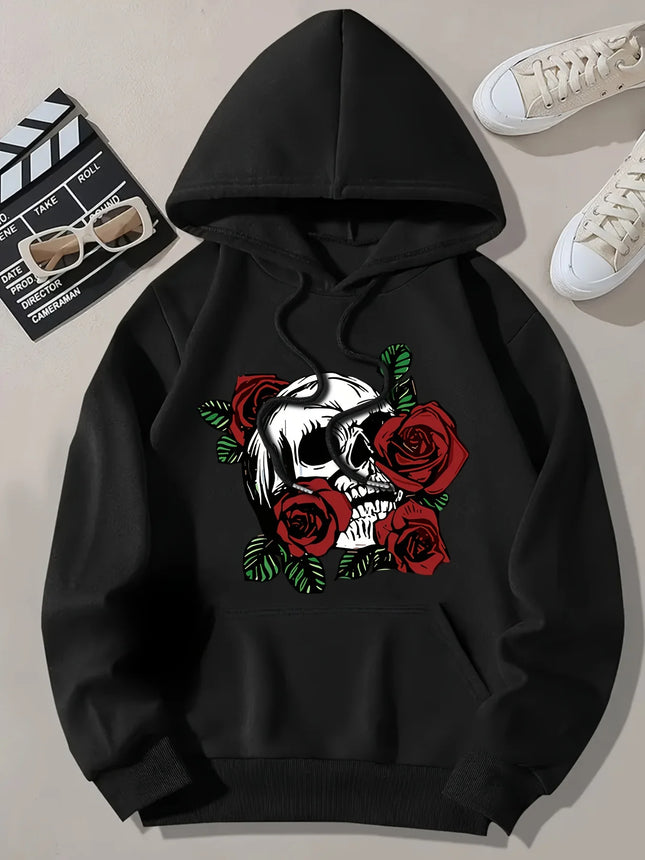 2025 Women'S Casual Skull and Roses Print Hooded Sweatshirt Warm Pullovers Casual Loose Sweatshirts Fashion Autumn Winter Hoodie