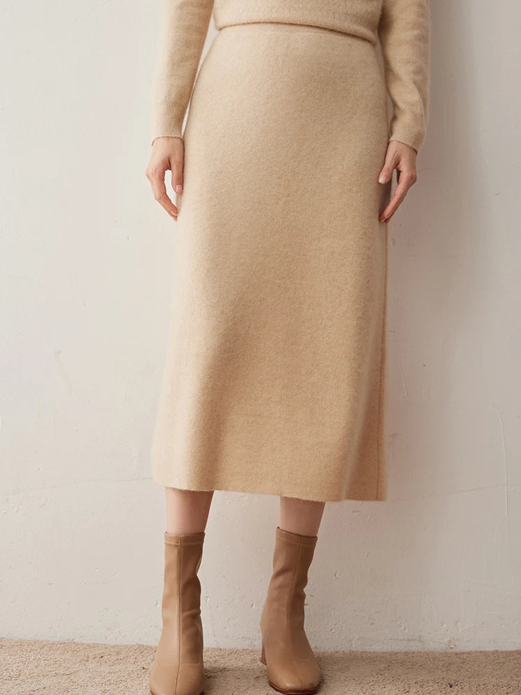 Women's 100% Cashmere Skirts Office Lady Autumn Winter Basic Fit Knitted High Waist Straight Skirt Graceful Long Warm Soft Dress PlatiNum