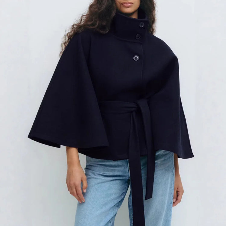 Women Lace Up High Neck Jackets For Women With Belt Elegant Windbreaker Faux Wool Blends Cape Street  Solid Windbreaker Cloak