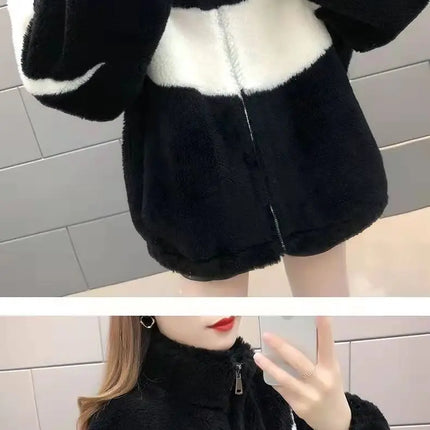 Warm Stand collar Faux fur Winter Jacket Female 2024 New Korean Loose Thick Lamb wool Coat Short Stitching Womens Parkas Outwear