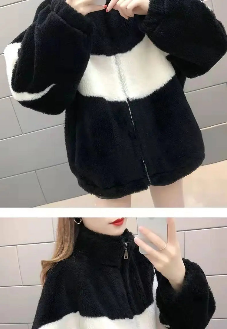 Warm Stand collar Faux fur Winter Jacket Female 2024 New Korean Loose Thick Lamb wool Coat Short Stitching Womens Parkas Outwear