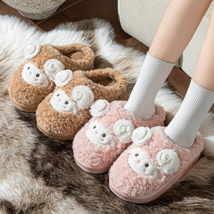 Cute Little Sheep Plush Slippers Women Winter Warm Thick Soft Sole House Shoes Indoor Fuzzy Non-Slip Comfortable Home Slides