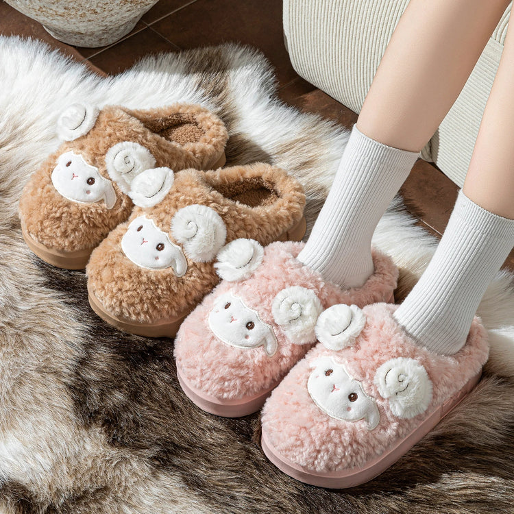 Cute Little Sheep Plush Slippers Women Winter Warm Thick Soft Sole House Shoes Indoor Fuzzy Non-Slip Comfortable Home Slides