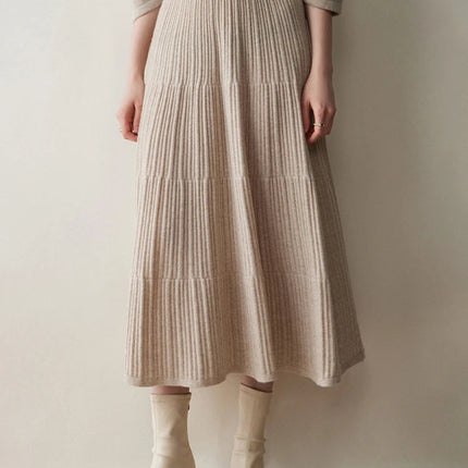 Autumn Winter Women Tiered Skirt Cashmere A-line Pleated Skirt Elastic Waist 100% Cashmere Knitted High Quality Soft Solid Dress PlatiNum
