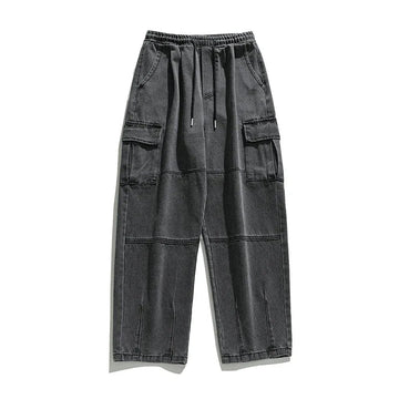 2025 Men's retro camouflage jeans, informal washed wide leg jeans, men's autumn and winter loose pants, old blue multi pocket PlatiNum