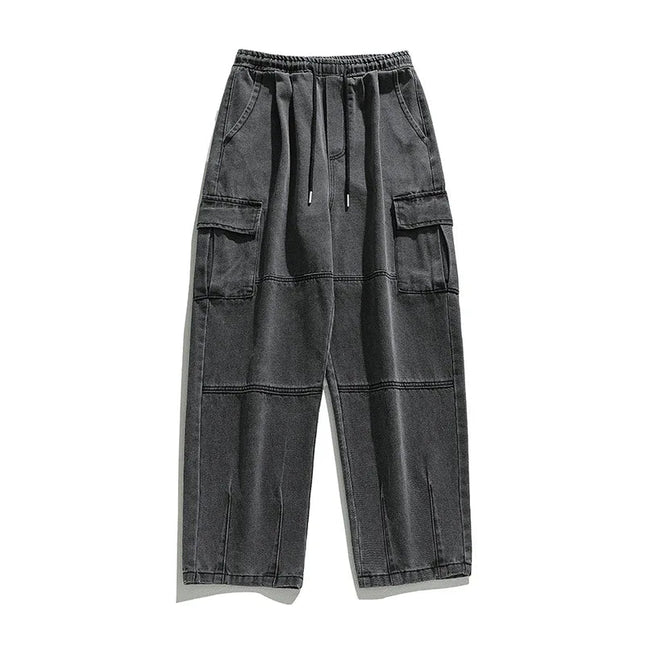 2025 Men's retro camouflage jeans, informal washed wide leg jeans, men's autumn and winter loose pants, old blue multi pocket PlatiNum