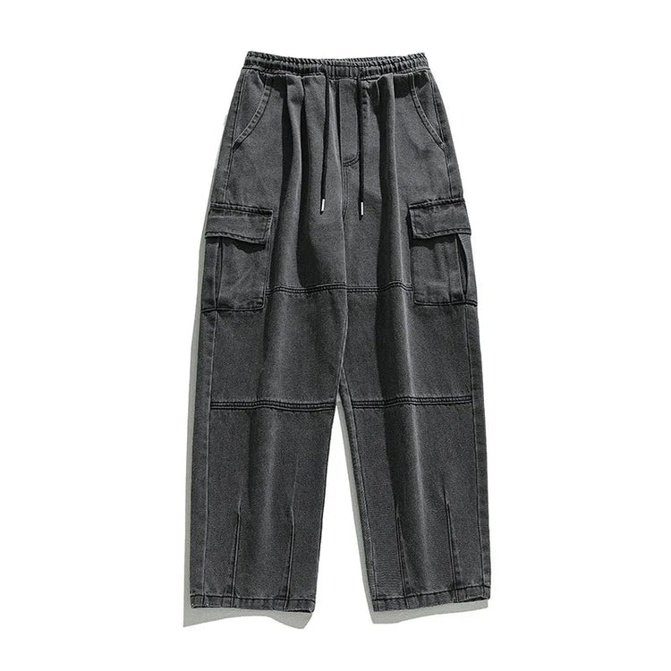2025 Men's retro camouflage jeans, informal washed wide leg jeans, men's autumn and winter loose pants, old blue multi pocket PlatiNum