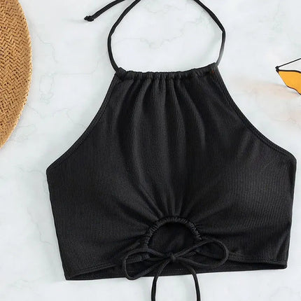 Bikini sexy a vita alta con lacci, set due pezzi da donna, costume da bagno sdoppiato, bikini da spiaggia, nuovo, per tutte le stagioni, tinta unita, senza schienale PlatiNum