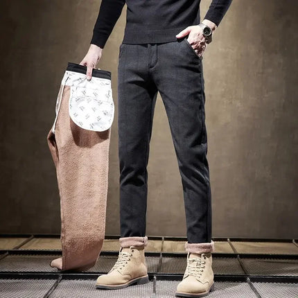 Classic Style Men's Fleece Casual Pants Fashion Striped Plaid Business Straight Slim Casual Pants Black Gray Brand Men Trousers