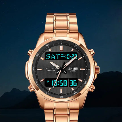 Skmei orologio da polso analogico al quarzo da uomo cinturino in acciaio inossidabile di lusso Led impermeabile digitale sportivo sveglia a tre fusi orari platinumshop