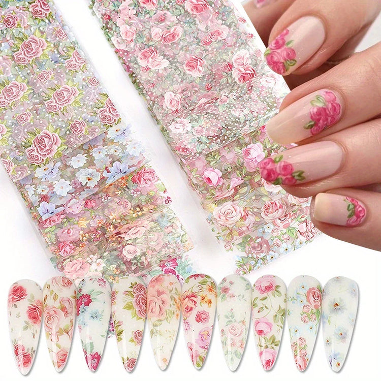 10PCS Mixed Nail Art Foils Transfer Sticker Set Rose Flower Designs Floral Starry Sky Nail Wraps Wedding Summer Manicure Decor