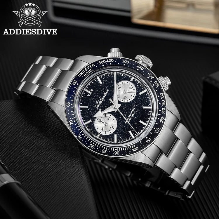 ADDIESDIVE New Quartz Watch Luxury VK64 Chronograph Men Wristwatches BGW9 Luminous Diving 100m Waterproof 316L Stainless Steel