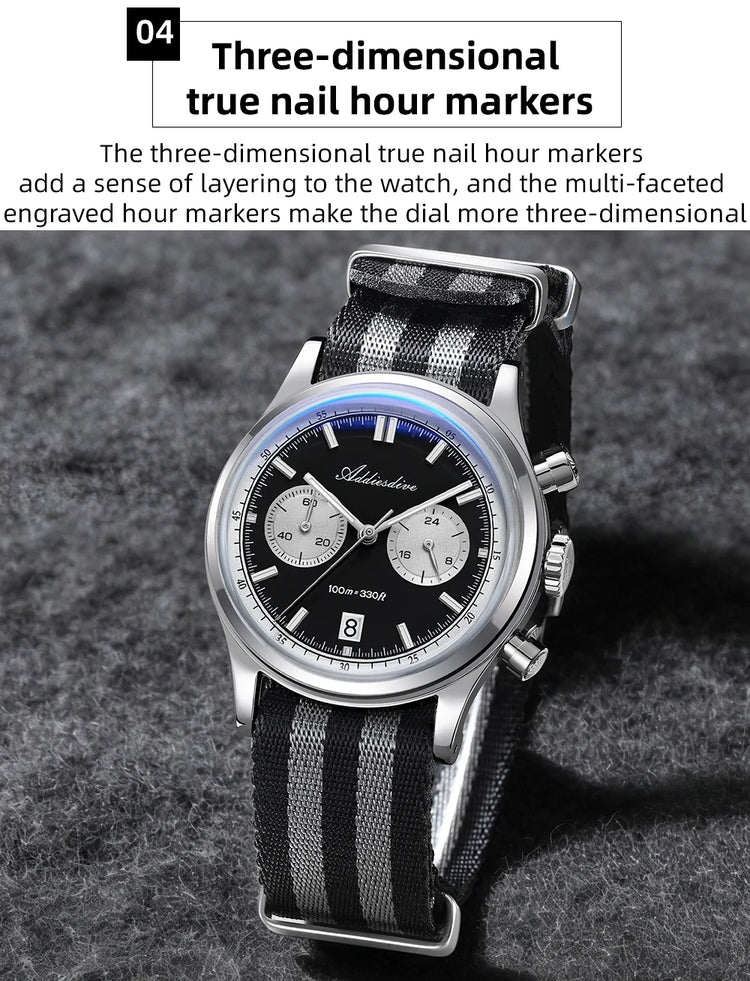 ADDIESDIVE AD2542 Luxury Quartz Chronograph Watch for Men Japanese 0S21 Movement 38mm Stainless Steel Case BGW9 Lume 100M Waterp