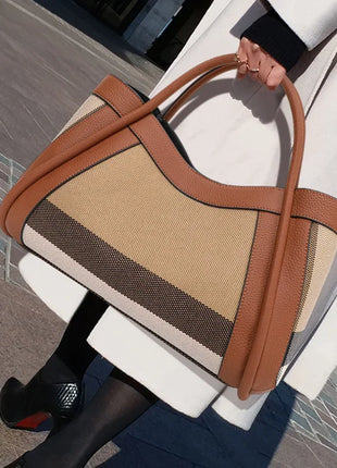 Borsa Tote in Tessuto a Righe con Bordi in Ecopelle, Manico Largo, Borsa a Spalla Grande per Uso Quotidiano e Pendolarismo