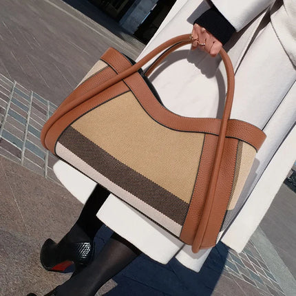 Borsa Tote in Tessuto a Righe con Bordi in Ecopelle, Manico Largo, Borsa a Spalla Grande per Uso Quotidiano e Pendolarismo
