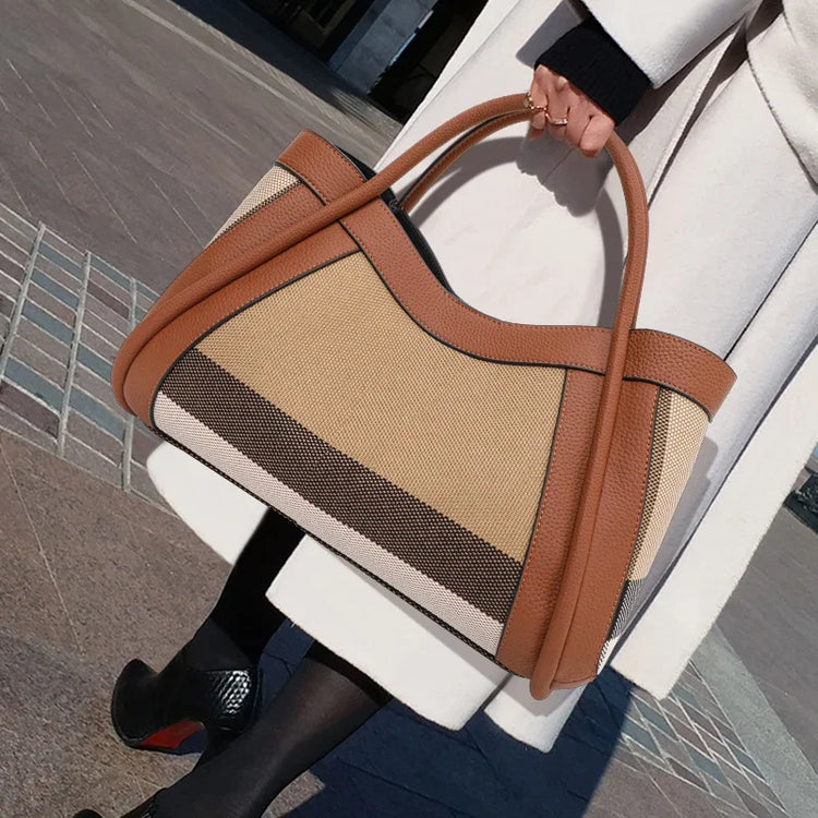 Borsa Tote in Tessuto a Righe con Bordi in Ecopelle, Manico Largo, Borsa a Spalla Grande per Uso Quotidiano e Pendolarismo
