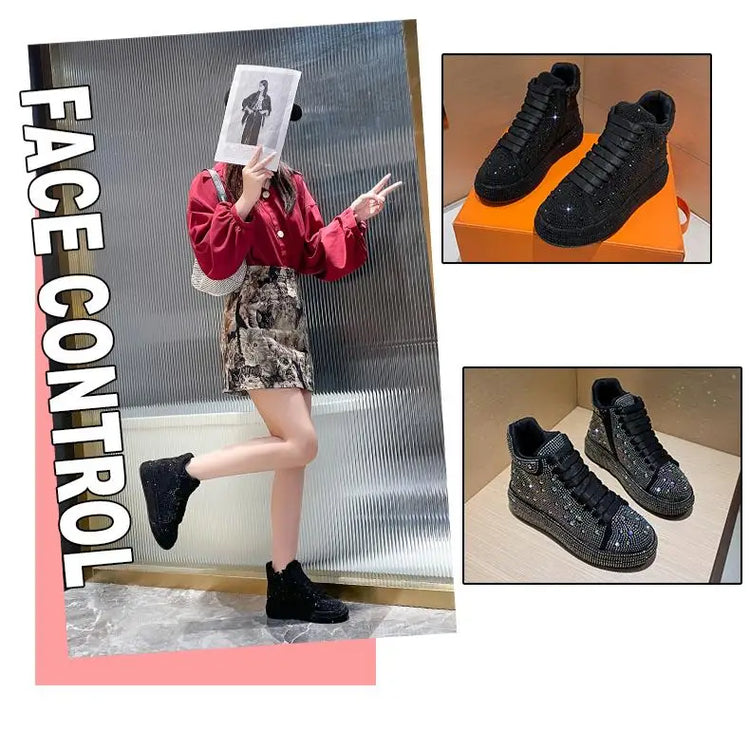 Designer Platform Sneakers Full Diamond Luxury Shoes Versatile Flat Bottom High-top Casual Skateboard Shoes Zapatos De Mujer