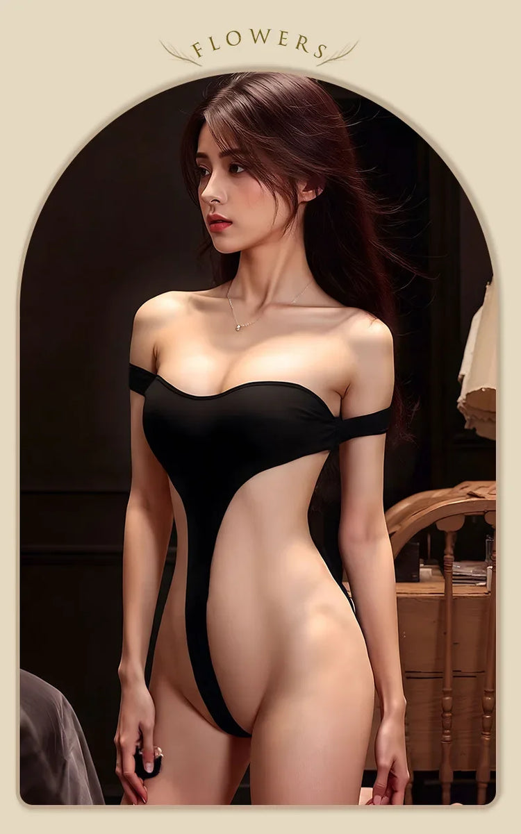 Sexy, tempting, striptease, sexy lingerie; one-shoulder backless bodysuit; slit sexy women's clothing; sexy women' bodysuit.