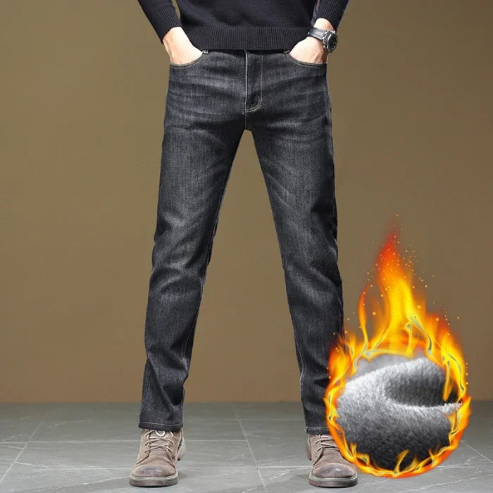Autumn Winter Men Fleece Jeans Slight‑stretch Slim Straight Washed Thick Warm Denim Pants Luxury Outdoor Commute Casual Trousers