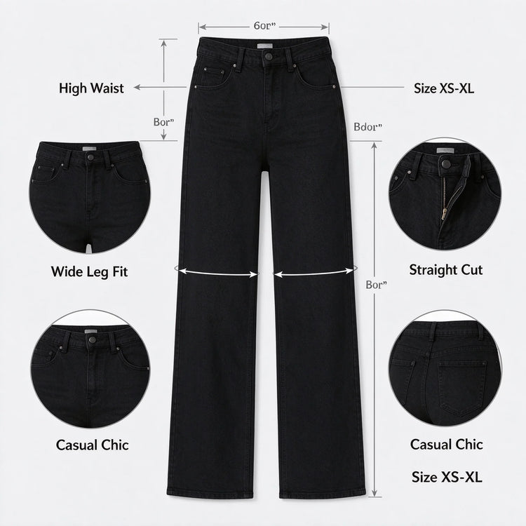 Women's Black Flared Jeans, High Waist, Stretch Denim, Loose Fit, Stitching Details, Elegant Casual Style, Fashionable Trousers, Perfect for All Seasons, Sizes Xs-Xl，Fx1338-1