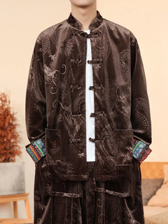 Giacca in velluto da uomo in stile cinese con stampa drago camicie da uomo tradizionale abito Tang Kung Fu Tai Chi camicie casual retrò abbigliamento da uomo
