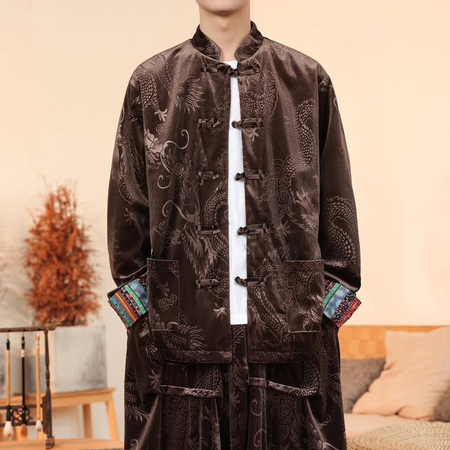 Herrenjacke aus Samt im chinesischen Stil mit Drachenprint, traditionelle Tang-Anzug-Kung-Fu-Tai-Chi-Hemden, lässige Retro-Herrenbekleidung