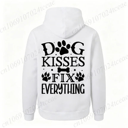 Dog Lover Hoodies Funny Quote "Dog Kisses Fix Everything" Pet Paw Print Graphic Sweatshirts Long Sleeve Hoody Autumn Hoodie Gift