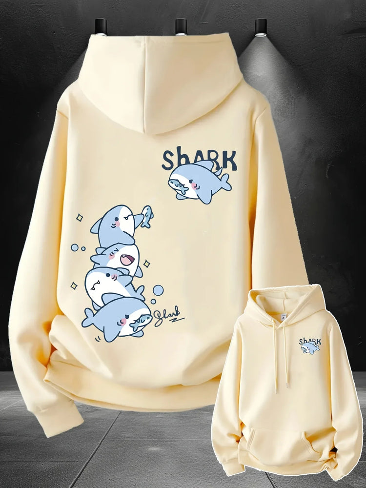 2026 Hoodie men's cute stacked cartoon shark pattern print autumn and winter loose casual pullover sweatshirt