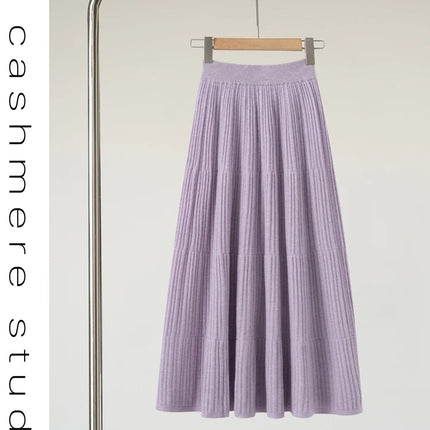 Autumn Winter Women Tiered Skirt Cashmere A-line Pleated Skirt Elastic Waist 100% Cashmere Knitted High Quality Soft Solid Dress PlatiNum