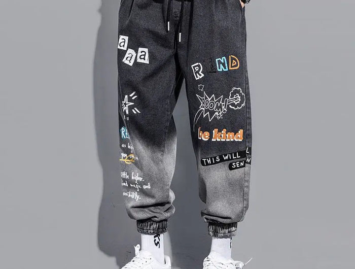 Men's Distressed Denim Pants Cuffed, Artistic Gradient Harem Jeans, Oversized Hip Hop Trousers for Spring Fall Versatile Outfits PlatiNum