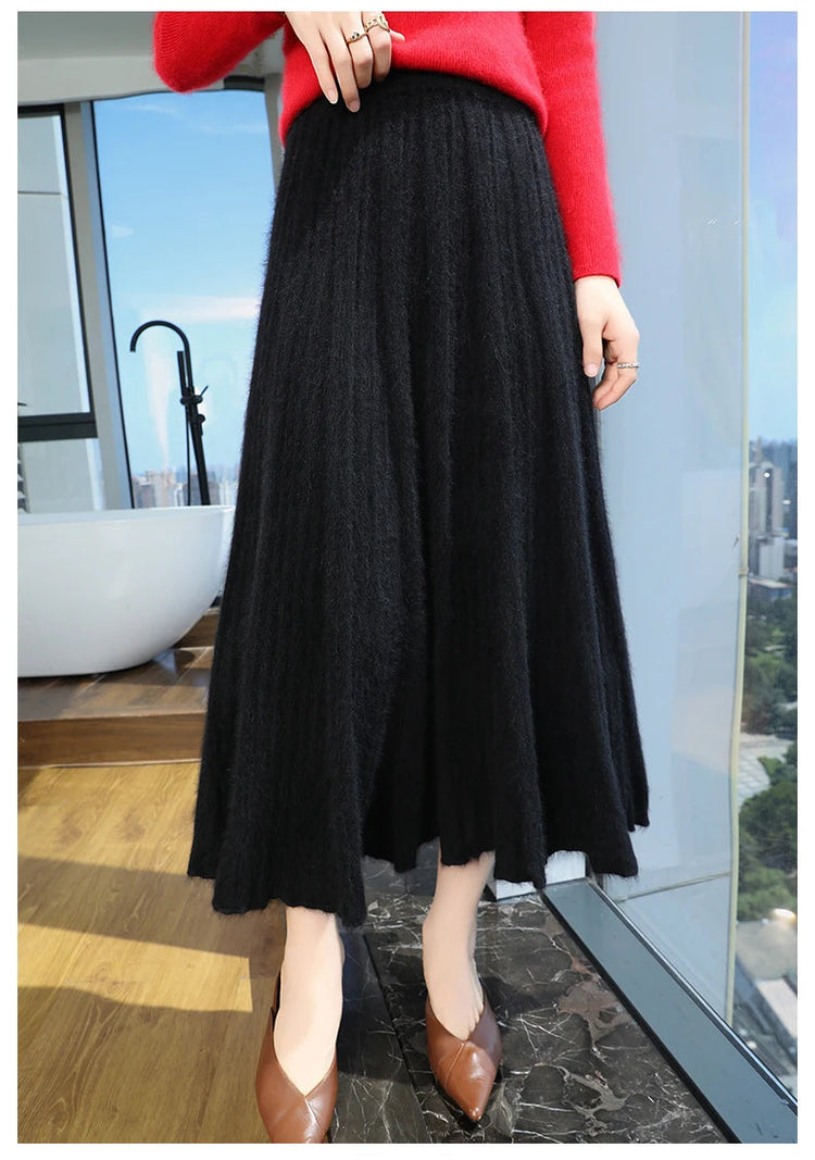 FRSEUCAG Autumn and winter women's warm half skirt 100% mink cashmere pleated skirt thick long skirt soft and loose fashionable PlatiNum
