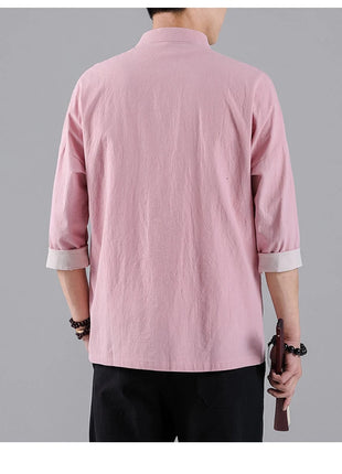 Camicie in Stile Cinese per Uomo, Top Tradizionale Tang in Lino a Mezza Manica, Camicia Kung Fu Hanfu Vintage Casual, Taglie Grandi fino a 5XL