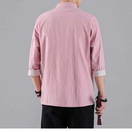 Camicie in Stile Cinese per Uomo, Top Tradizionale Tang in Lino a Mezza Manica, Camicia Kung Fu Hanfu Vintage Casual, Taglie Grandi fino a 5XL