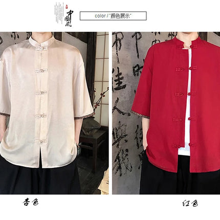 Camicie retrò da uomo, estive, eleganti, larghe, casual, leggere, sottili, traspiranti, in stile cinese, vintage, con calligrafia tradizionale.