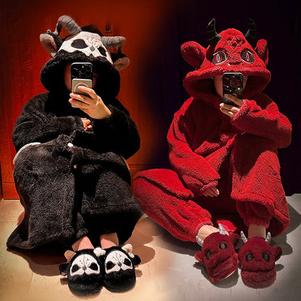 Virtual Alice Dark Gothic Demon Death Skull Horned Hooded Robe Thickened Coral Fleece Winter Warm Long Sleepwear Loungewear