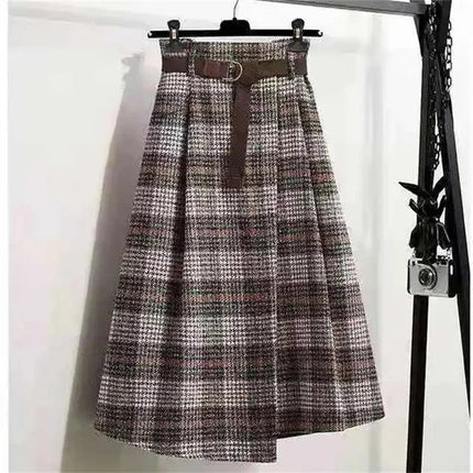 Korean Women Fashion Leisure Plaid Woolen Skirt Autumn Winter New High Waist Mid-Long Irregular Wool Skirts Femme Large Size 4XL PlatiNum