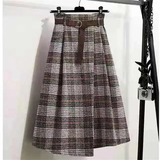 Korean Women Fashion Leisure Plaid Woolen Skirt Autumn Winter New High Waist Mid-Long Irregular Wool Skirts Femme Large Size 4XL PlatiNum