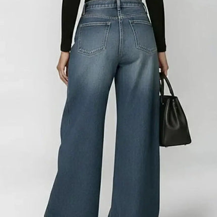 Jeans da Donna a Gamba Larga, Vita Media, con Dettagli Traforati, Effetto Vintage, Stile High Street, Eleganti, da Lavoro, Casual, Pantaloni Dritti