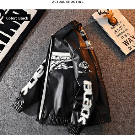 2026 New Men's American Racing Style Printed Leather Jacket Fashion Stand Collar Motorcycle Biker Coat Casual Outerwear PU