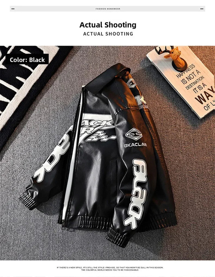 2026 New Men's American Racing Style Printed Leather Jacket Fashion Stand Collar Motorcycle Biker Coat Casual Outerwear PU