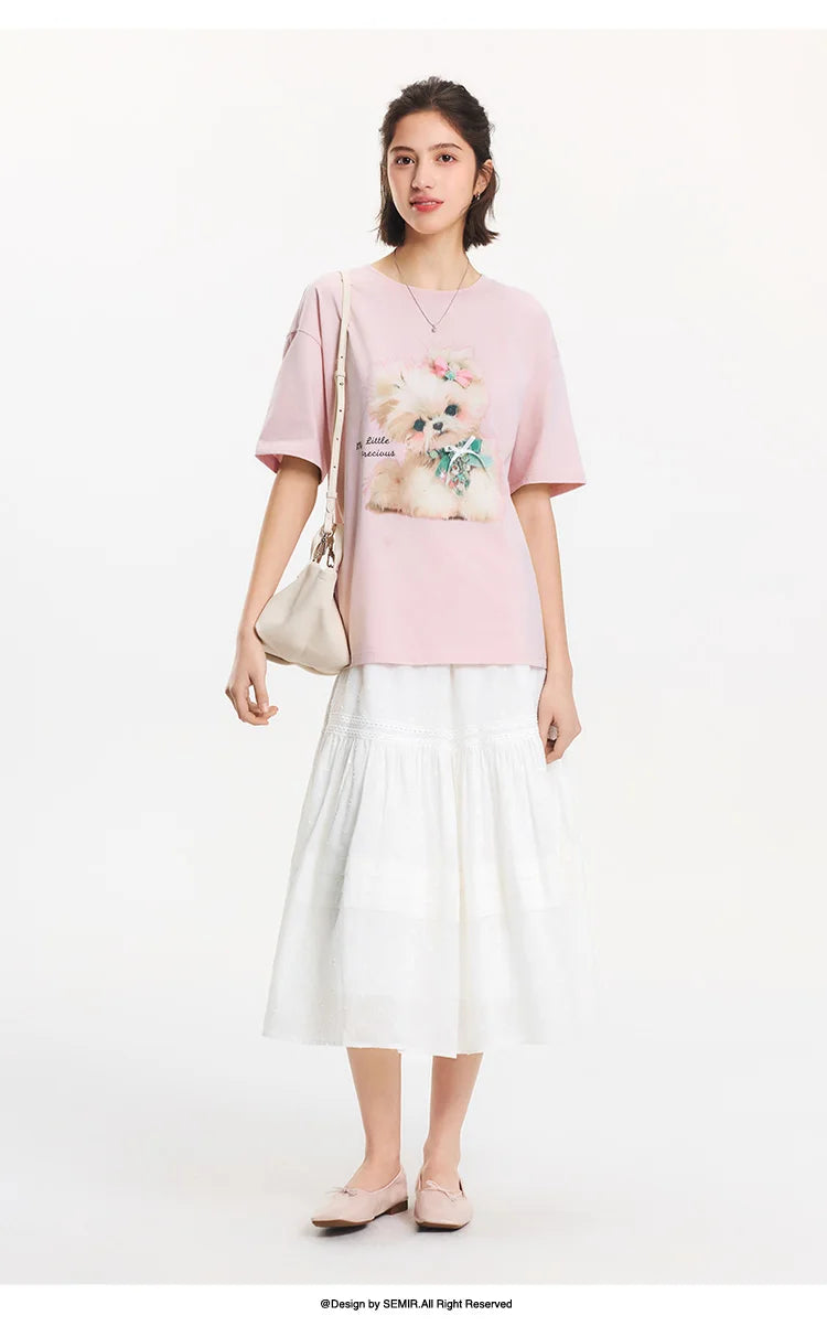 T-shirt lunga Semir con fiocco da donna, vestibilità ampia in cotone, nuova collezione estiva 2025, top grafico carino per ragazze adolescenti