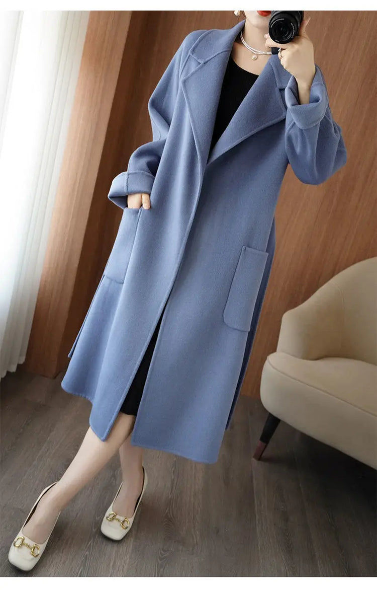 100% Wool Coat Women's Wear 2026 Autumn/Winter Fashion Temperament Double sided Cashmere Coats with Belt Elegant Long Overcoat