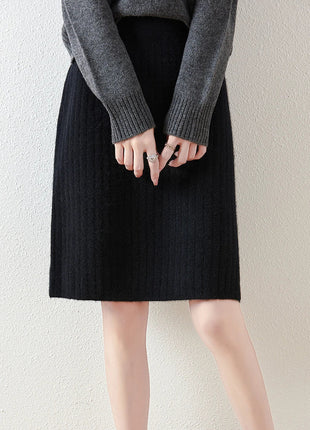 Autumn Winter Women Wool Skirt Elastic Waist Mini Slim Fit Cashmere Skirts 100% Merino Wool Knitted Office Lady Above Knee Dress PlatiNum