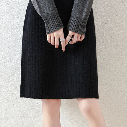Autumn Winter Women Wool Skirt Elastic Waist Mini Slim Fit Cashmere Skirts 100% Merino Wool Knitted Office Lady Above Knee Dress PlatiNum