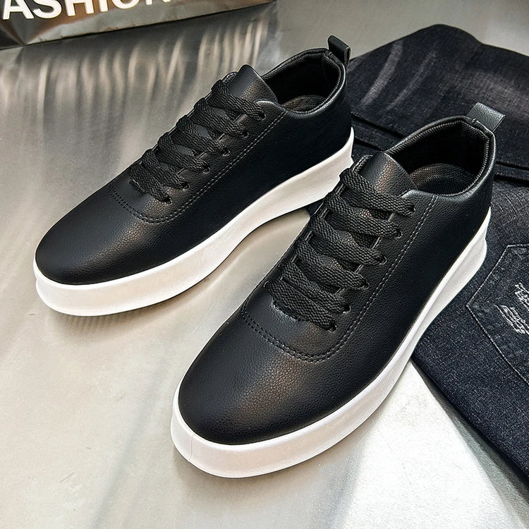 Fashion Thick Sole Black White Soft Men Leather Shoes Platform Men Casual Board Shoes Walking Sport Shoes Lightweight Work Shoes