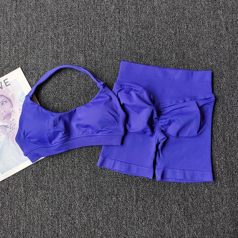 2PCs Peach High Waist Belly Hip Lifting Sports Bras Shorts Suit Gathering Shock-proof Neck Halter Yoga Suit Running Fitness Set